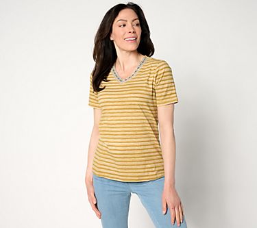 Denim & Co. Printed Texture Knit Embroidered V-Neck Top - QVC.com