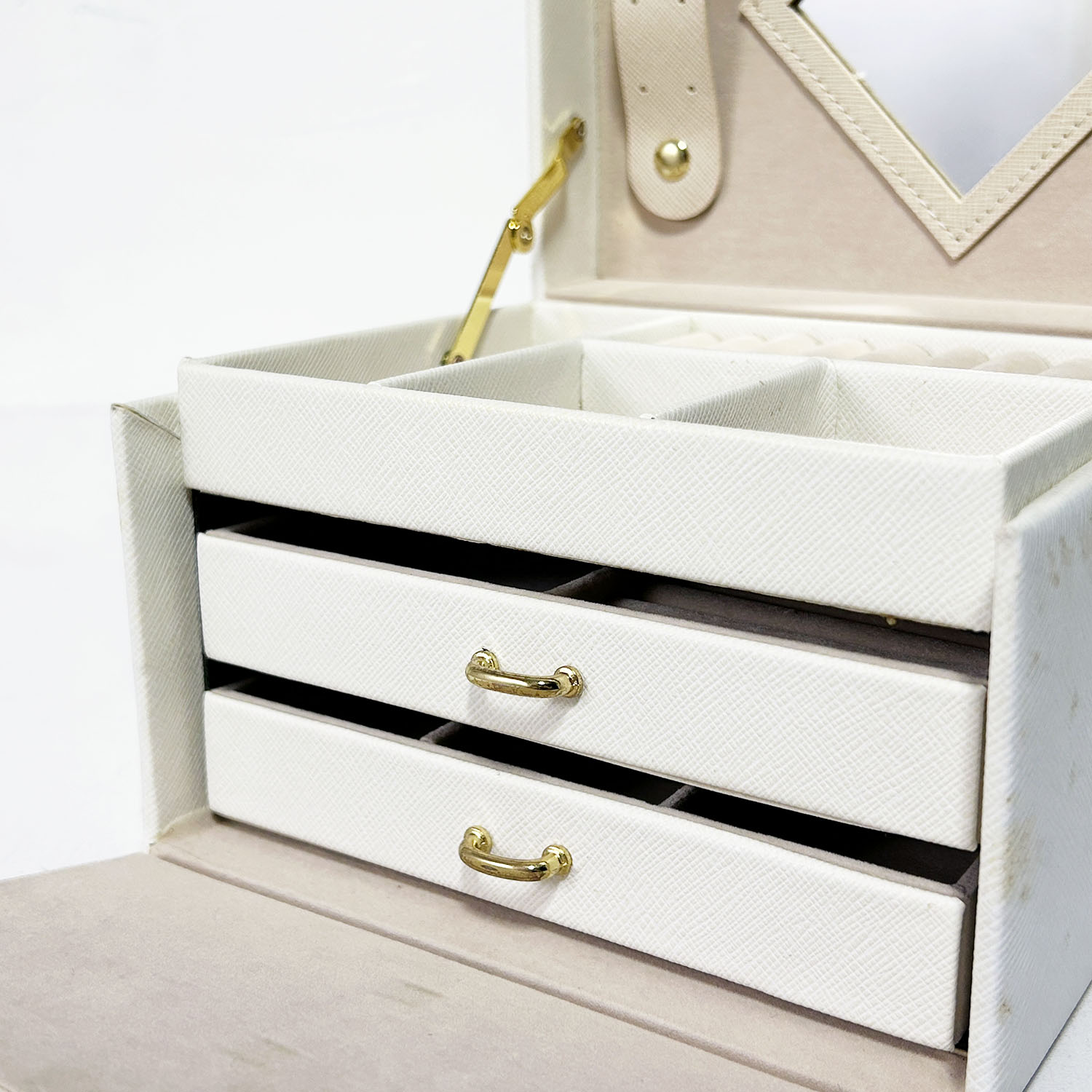 ジュエリーボックス レザーホワイト×縁＆取手＆内側ベージュ 引出2段