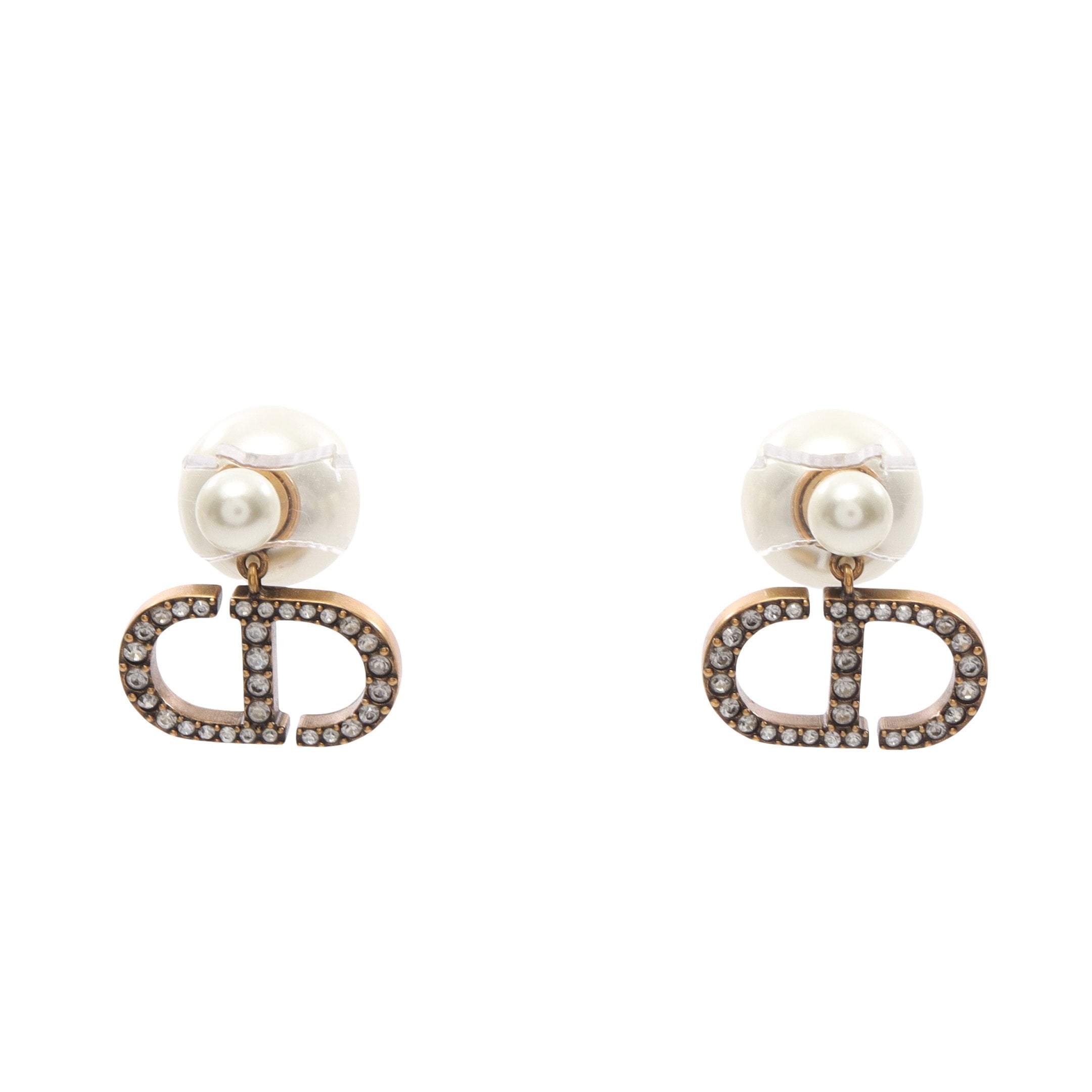 トライバル CDロゴ ピアス GP フェイクパール ラインストーン ゴールド