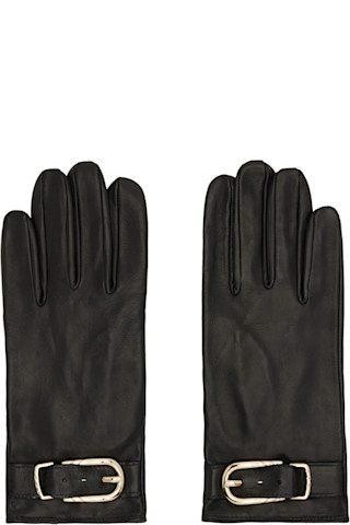 Black Buckle Appliqué Leather Gloves by Ernest W. Baker on Sale