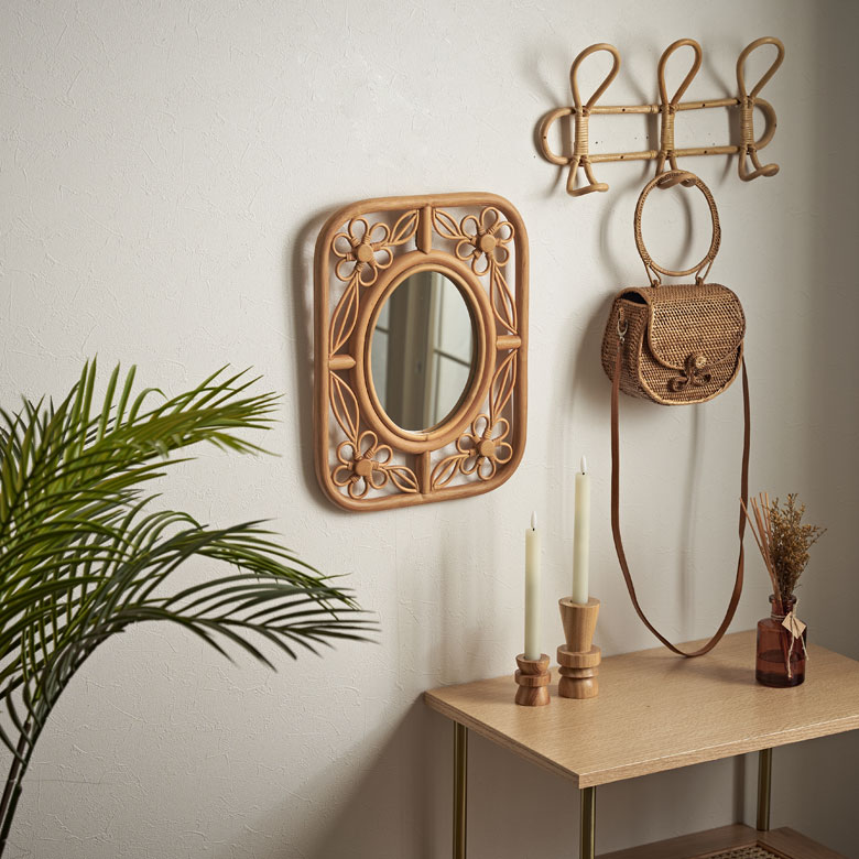 ミラー 鏡 ラタン 籐 取り付け用フック付き 約 W 32.5cm D 2cm H 42cm