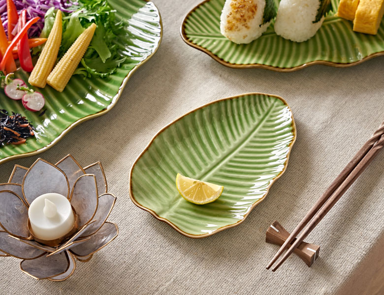 プレート バナナリーフ柄 Sサイズ 全長19cm グリーン 陶器製 食器