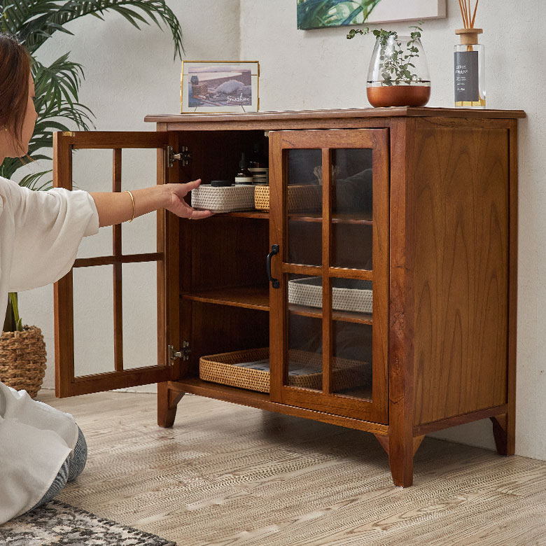 ティンバー キャビネット リビングチェスト チェスト 木製 ガラス扉