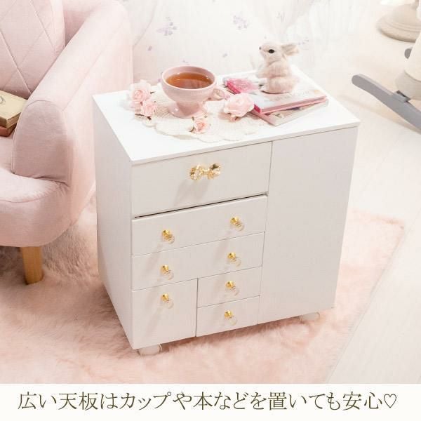 直送】たっぷり収納コスメワゴン/リボン＆クリスタル取っ手｜かわいい