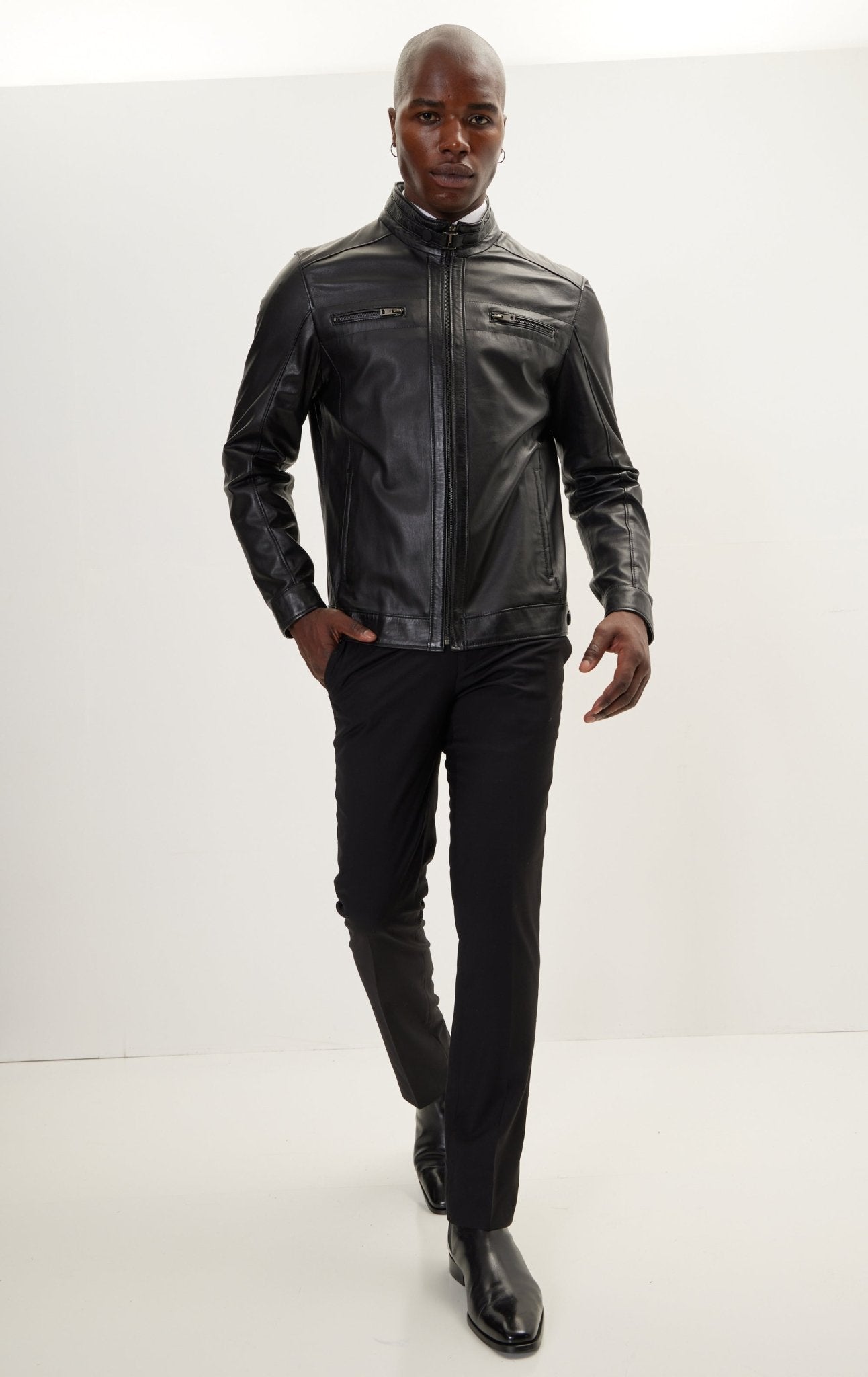 Cafe Racer Leather Jacket - Black - Ron Tomson