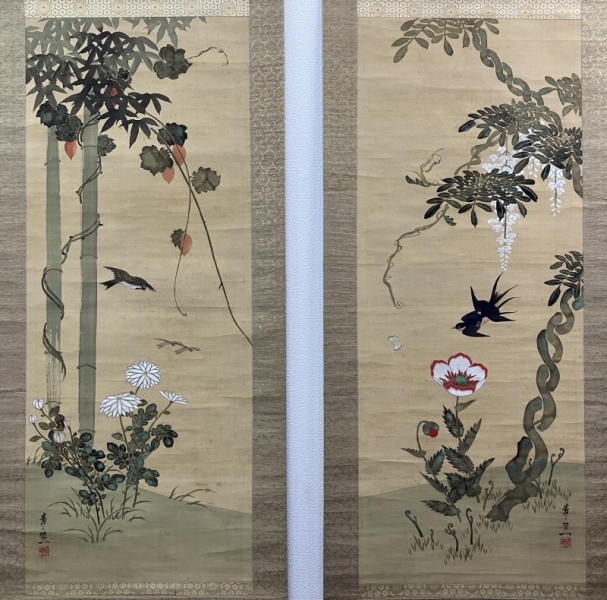 3976 翠輝 「名花十友」 共箱 肉筆 絹本 日本画 掛軸 二重箱