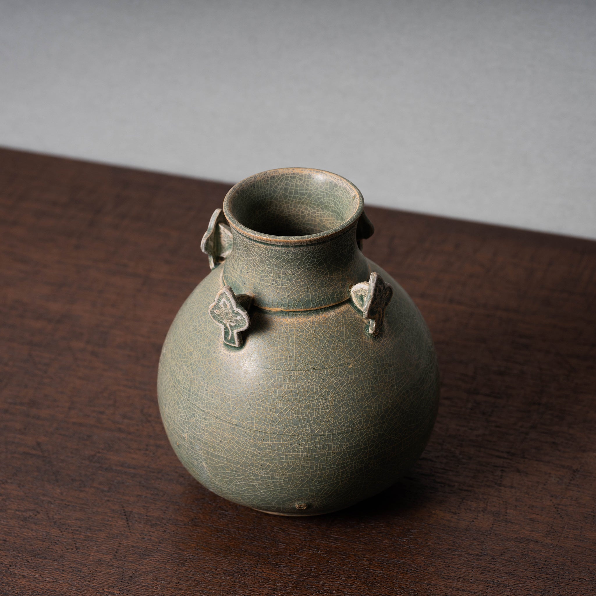 中国明朝青釉 四耳壺陶器 骨董品 時代物 高さ30cmx12cm整理品現状品