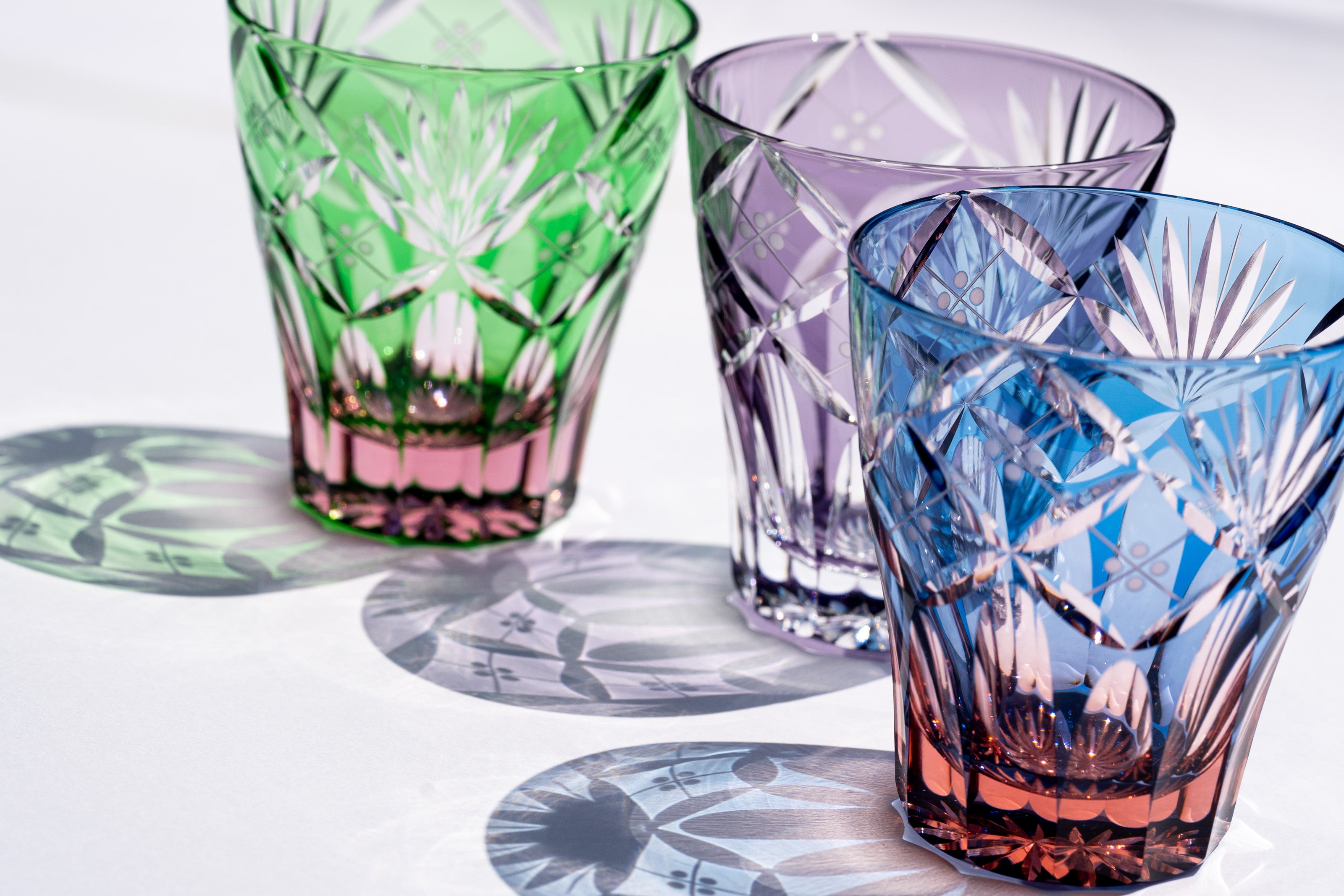 M-8573-PG 七宝笹の葉文様 ミニオールド ピンクグリーン 江戸切子 直販