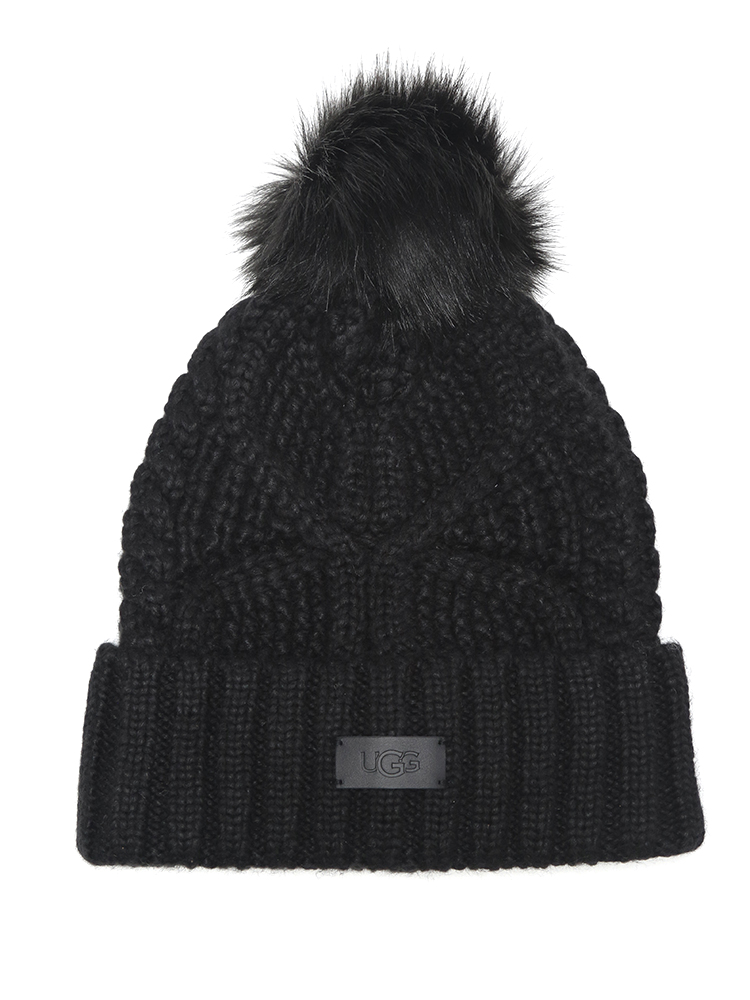 UGG (アグ) ポンポン ロゴラベル チャンキーニット帽 Cable Beanie