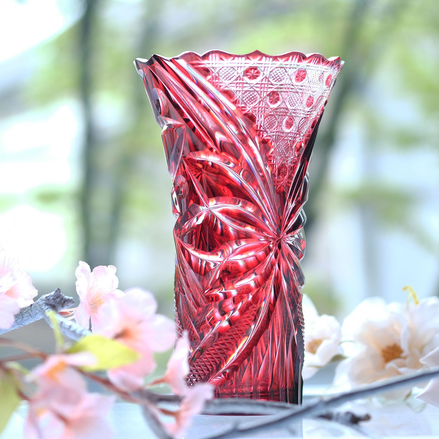 アンティーク赤色切子ガラス花模様 江戸切子 クリスタルガラス ロック