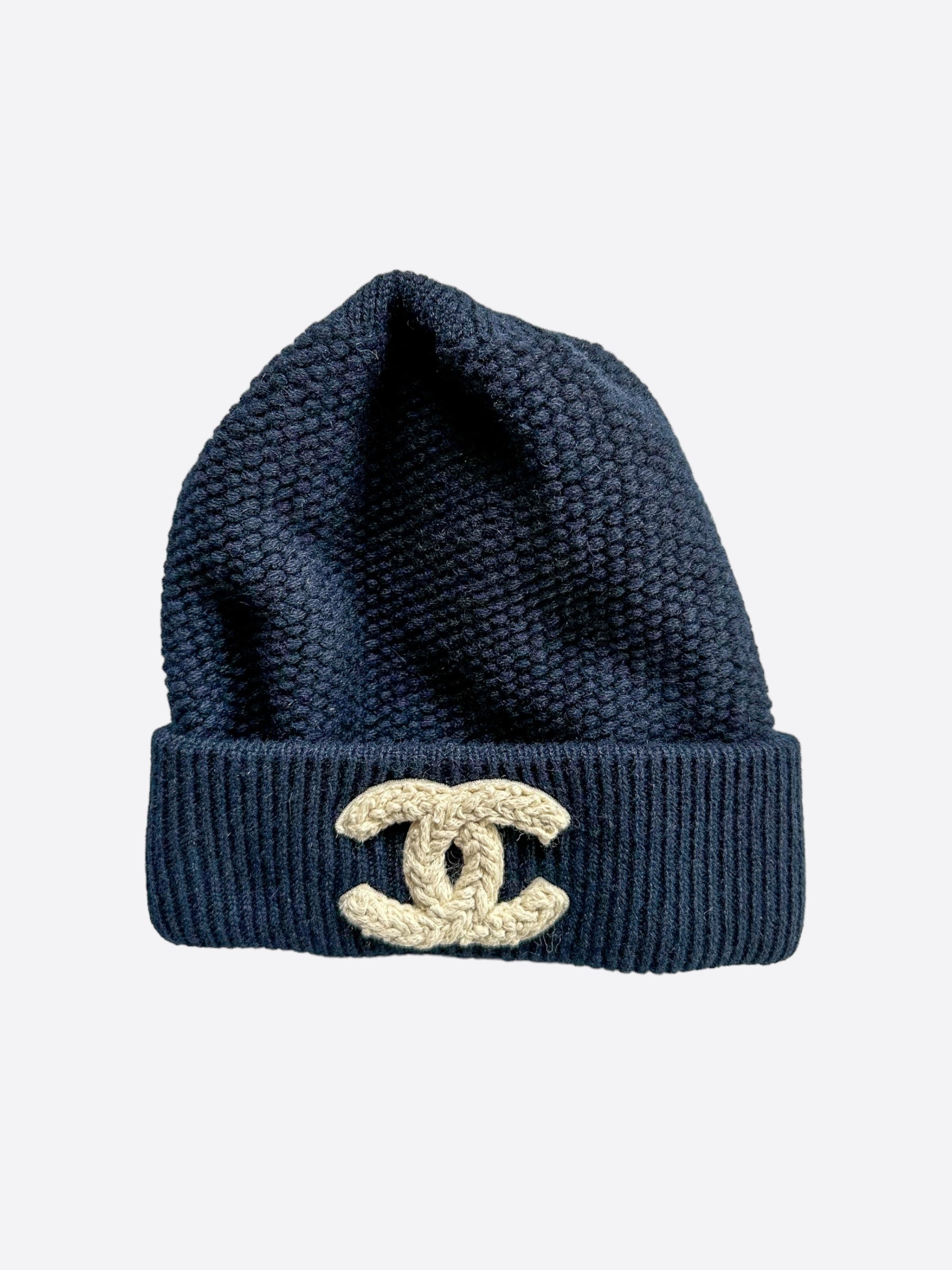 Chanel Navy & Cream Embroidered Logo Cashmere Beanie – Savonches