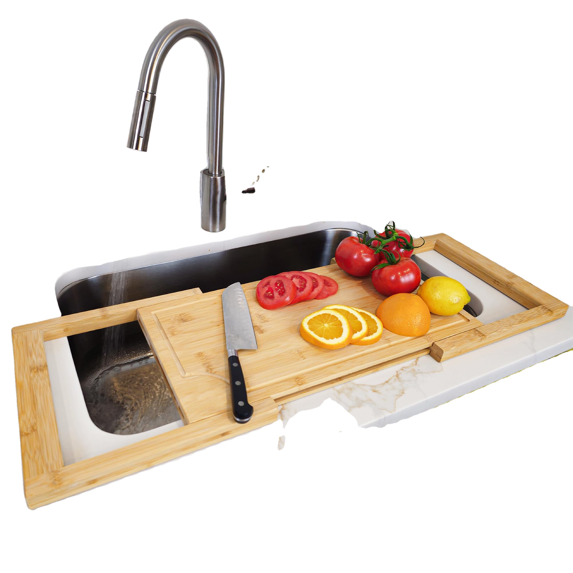 竹製伸縮式まな板、ジュース溝とハンドル付き、特大、キッチンシンクに