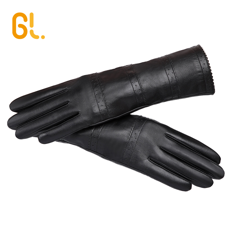 Ladies Soft Long Black Ethiopia Sheep Leather Gloves for Winter
