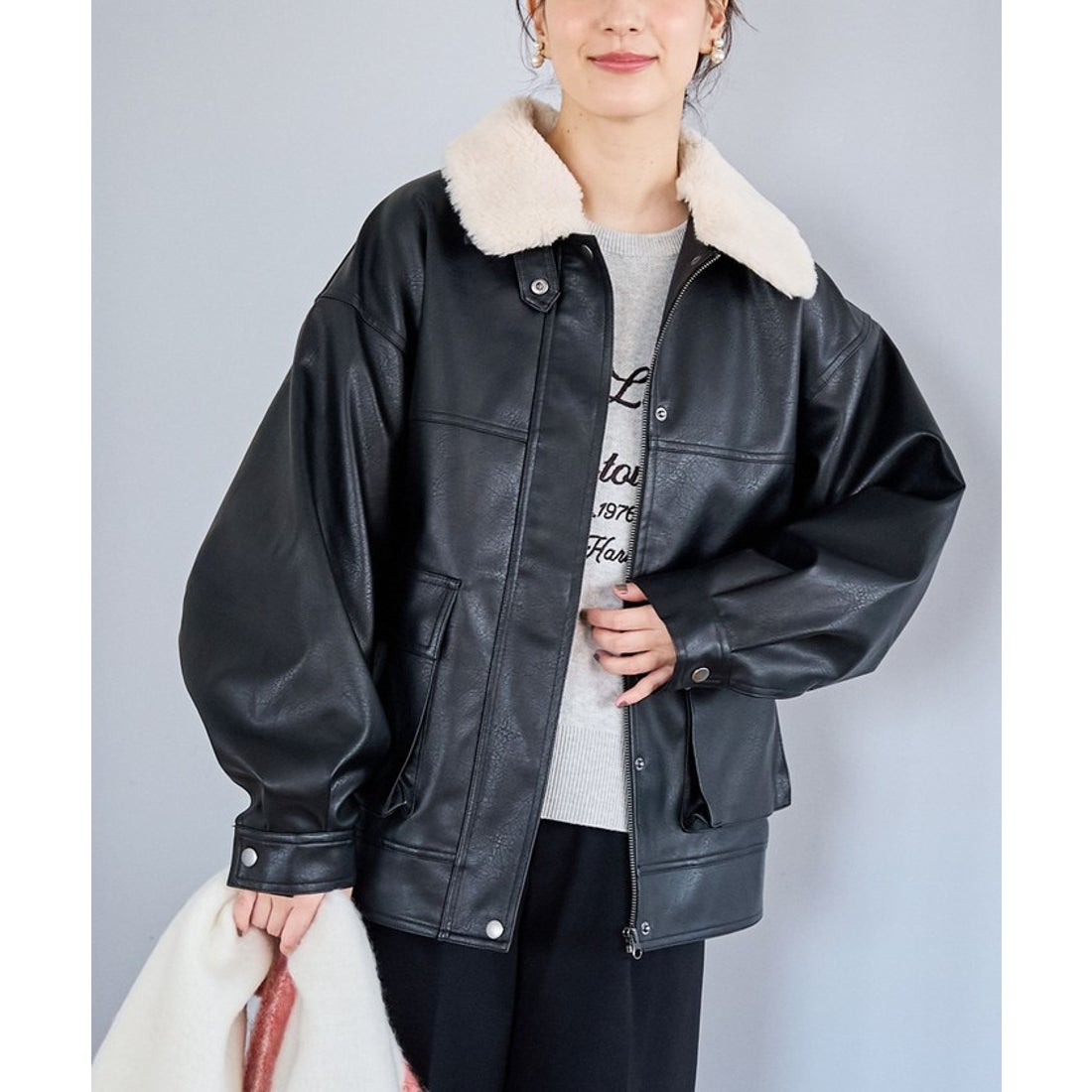 coen ボア襟付きレザーライクヴィンテージブルゾン - ファッション通販