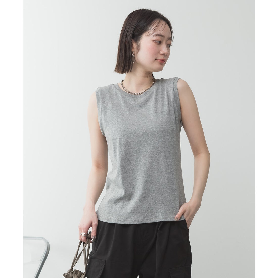 アットワン atONE ラウンドネックノースリーブトップ （杢グレー