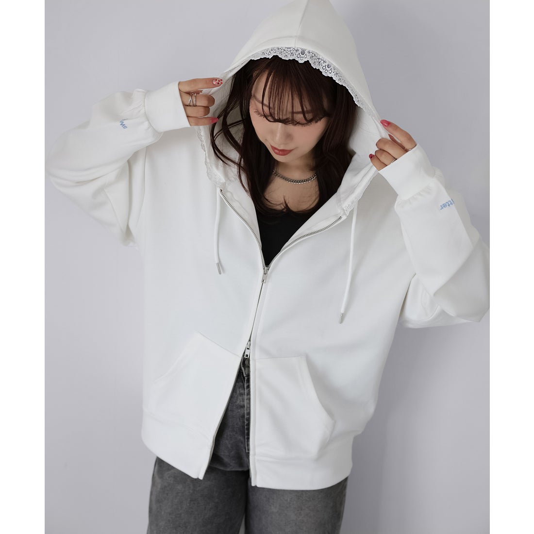 リベリー Riberry 袖ロゴ刺繍レースダブルジップパーカー （オフ