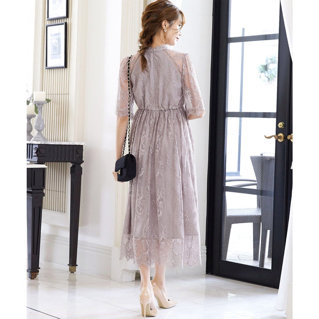 ガール GIRL ハイネック5分袖総レース フレア ロング 結婚式