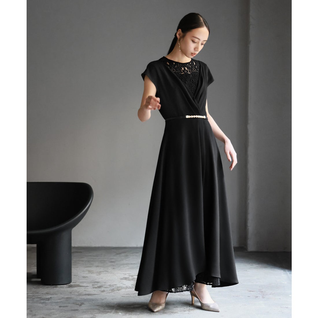 ガール GIRL パールベルト付きカシュクール風レース切替え フレア