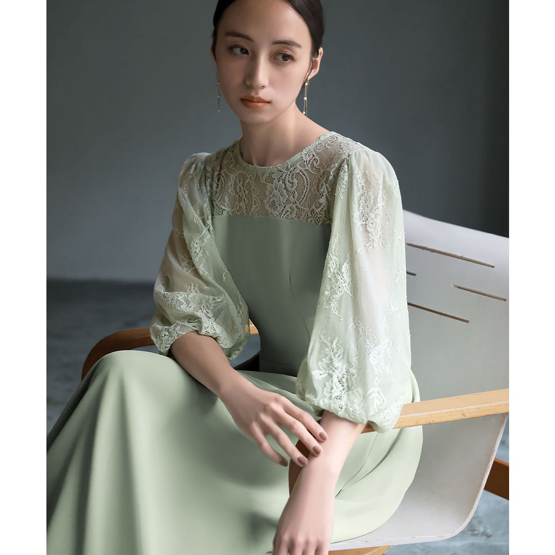 ガール GIRL レース切替えパフスリーブ フレア ロング 結婚式