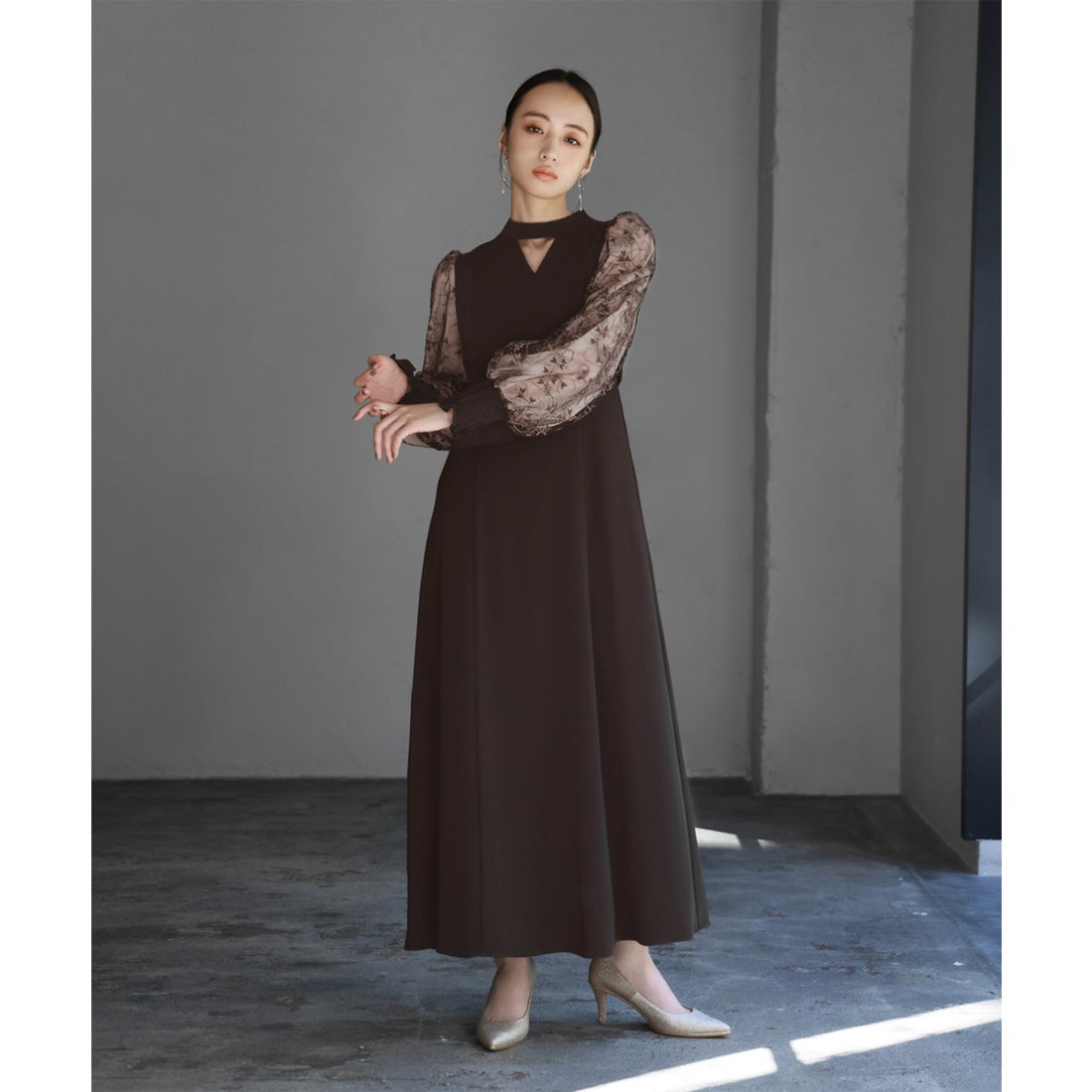 ガール GIRL エンブロイダリースリーブ フレア ロング 結婚式