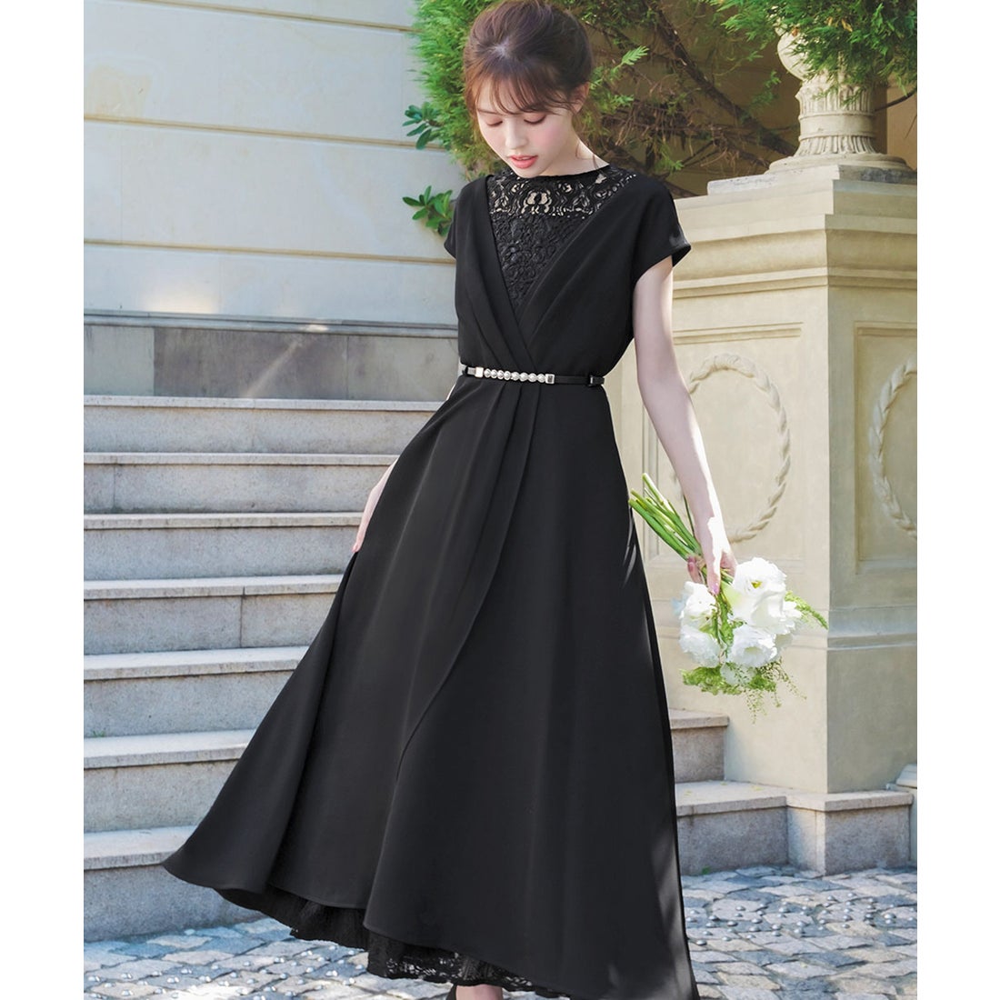 ガール GIRL パールベルト付きカシュクール風レース切替え フレア