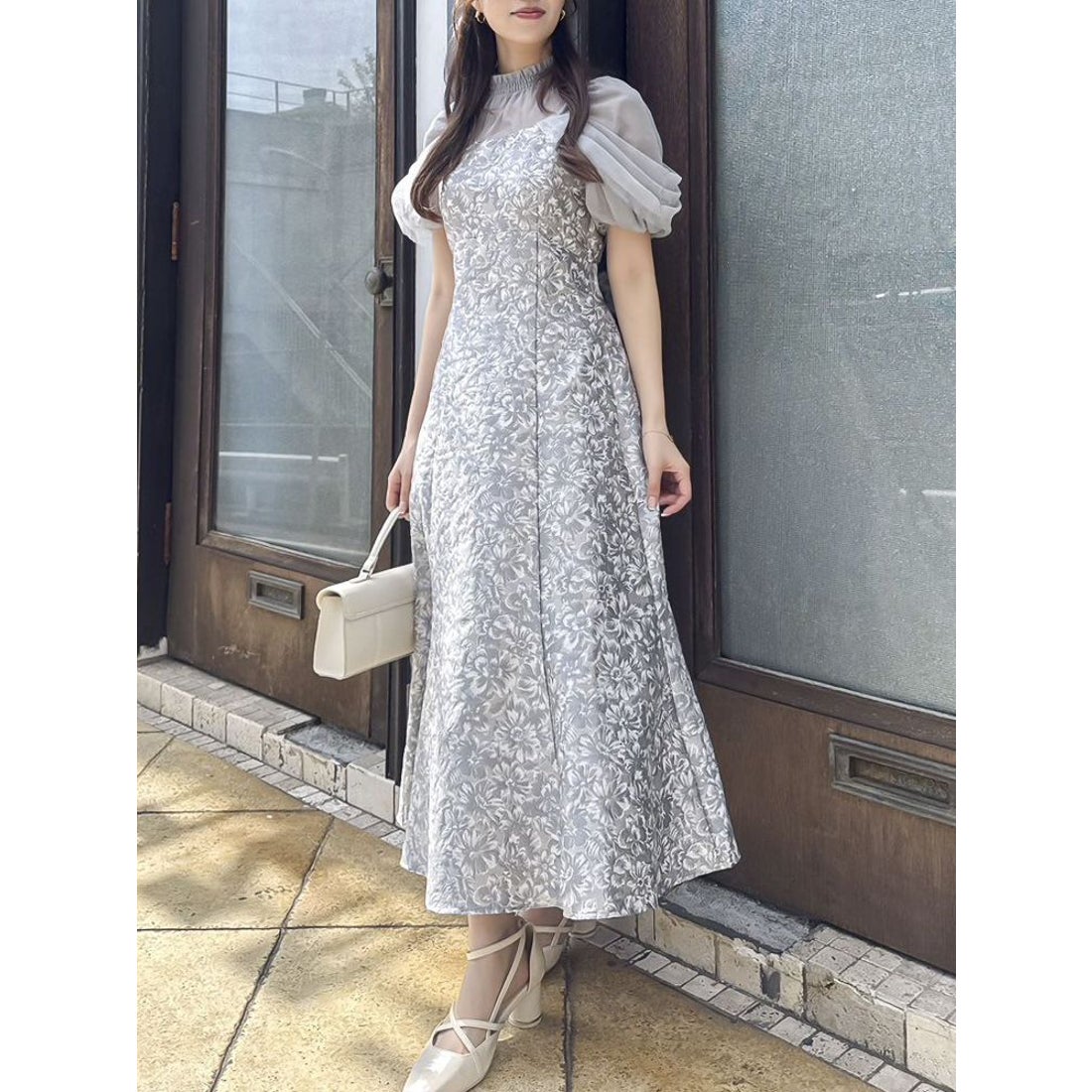 ダズリン dazzlin シアーベールジャガードワンピース （グレー） -靴