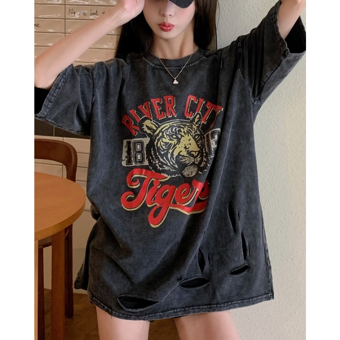 デバイス DEVICE ピグメント タイガー プリント ダメージ加工 Tシャツ