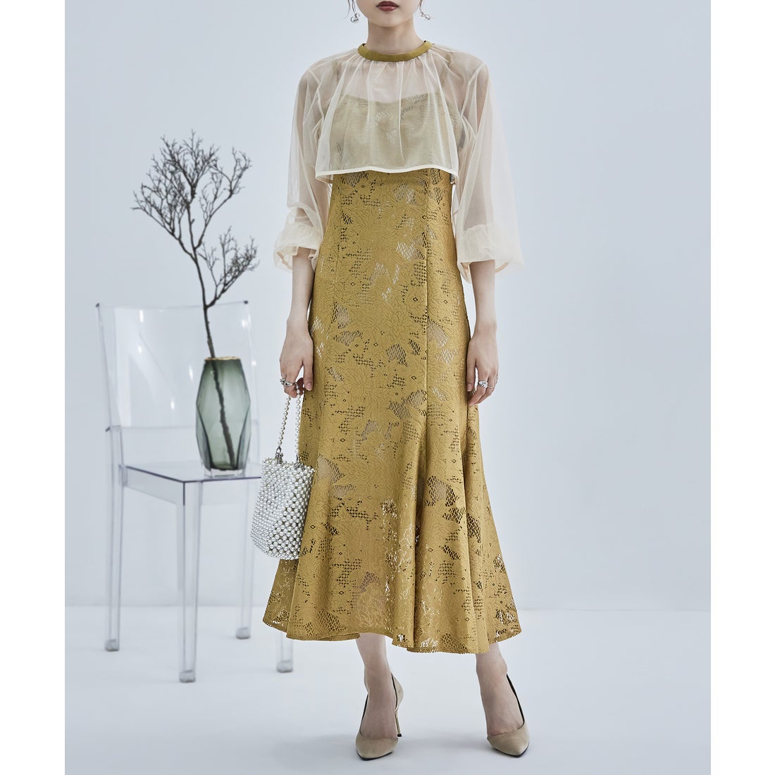 エトル etoll. 3wayシフォンボレロ&レースキャミドレス （マスタード