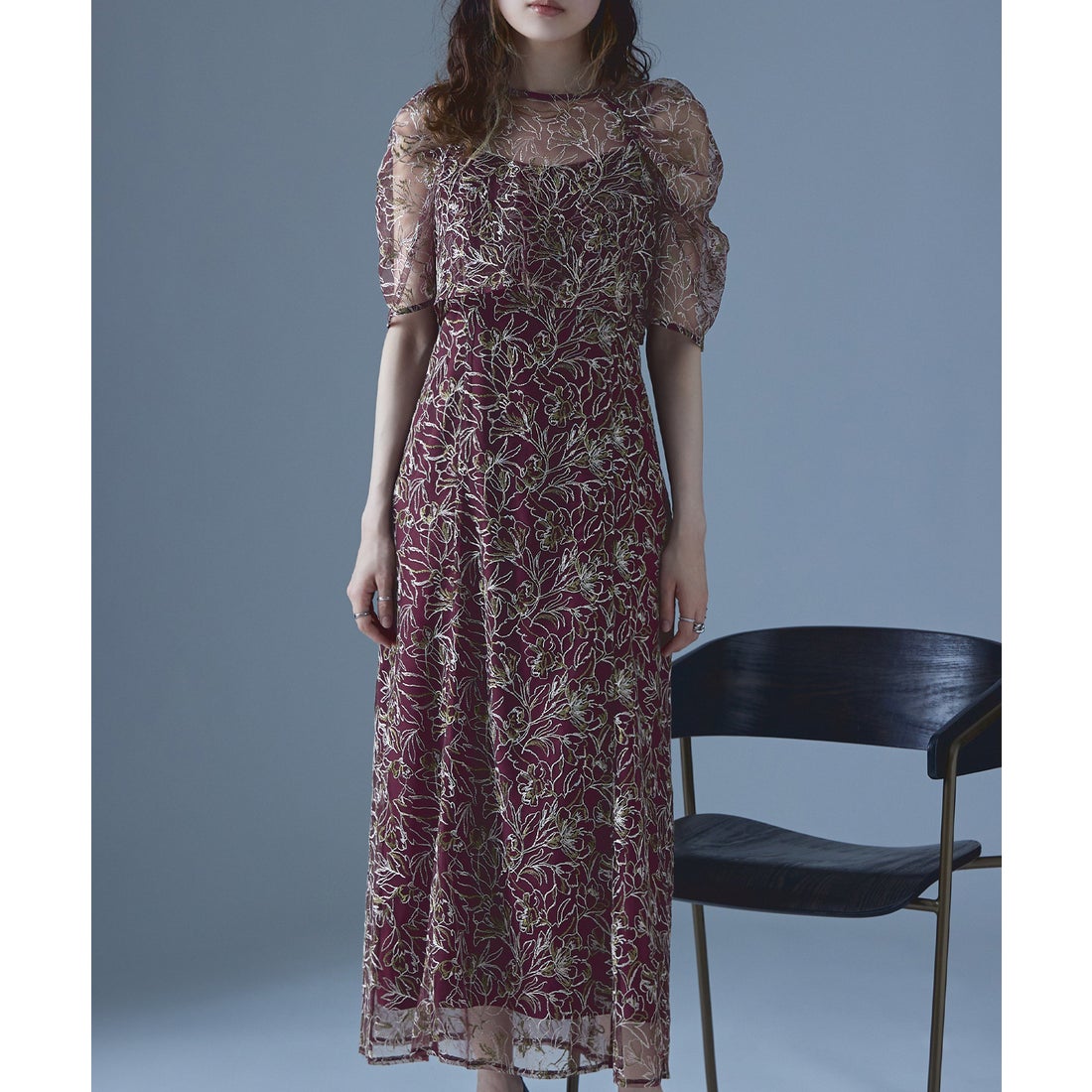 エトル etoll. 刺繍レースレイヤードドレス （ボルドー