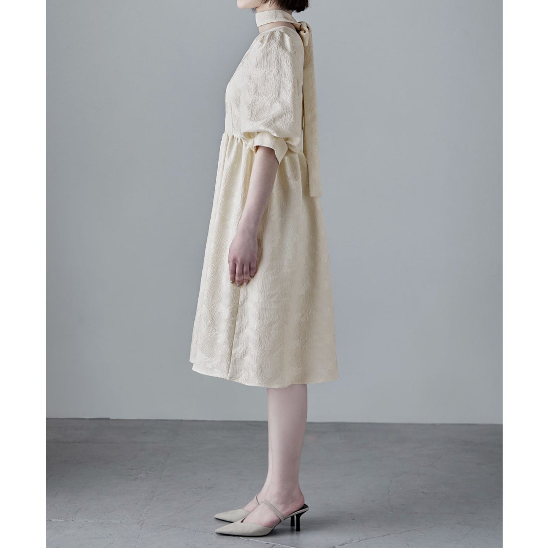 エトル etoll. ジャガードパフスリーブドレス （グリーン