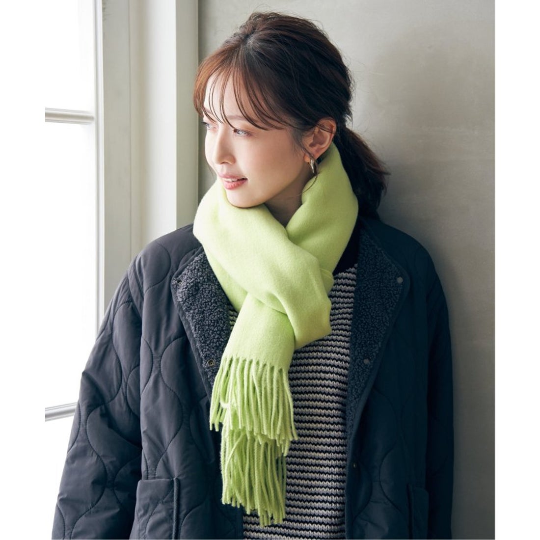 イッカ ikka カシミヤタッチカラーマフラー （ライムイエロー