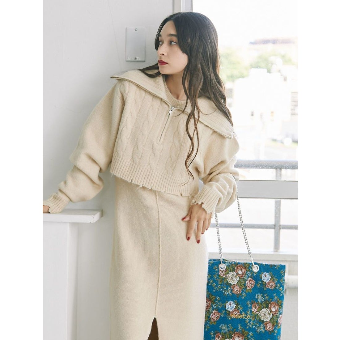 jouetie ハーフZIPロングニットワンピース（ブルー） -靴