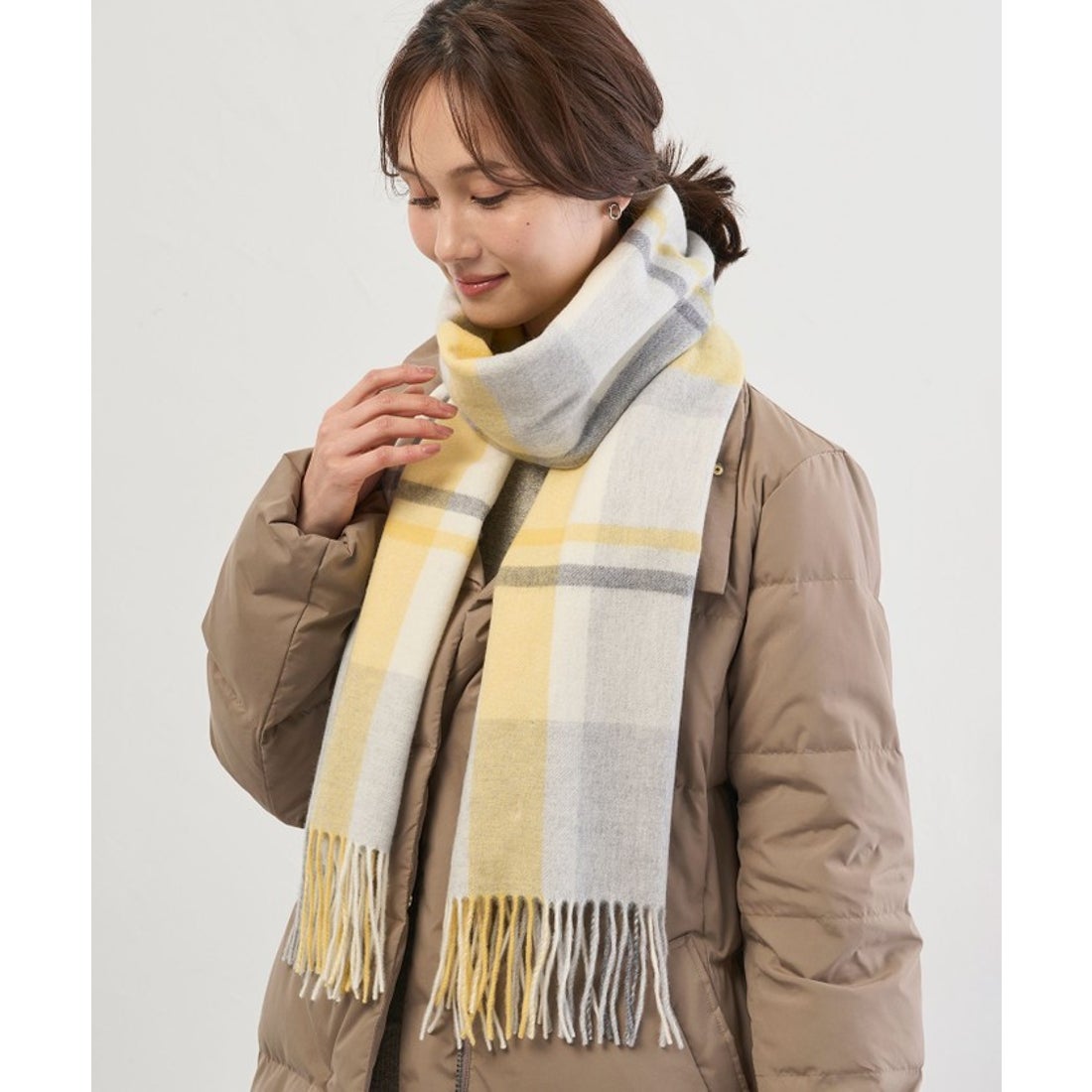 23区カシミヤ100%チェック柄マフラー イエロー2025AW サンキョウ