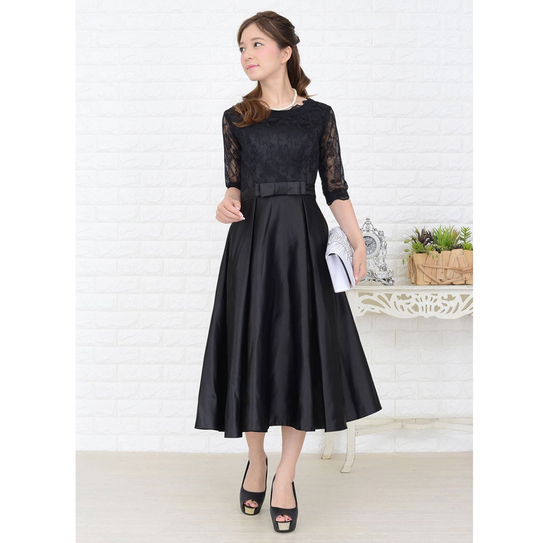 レースレディース Lace Ladies ウエストリボン付きサテン風Aライン