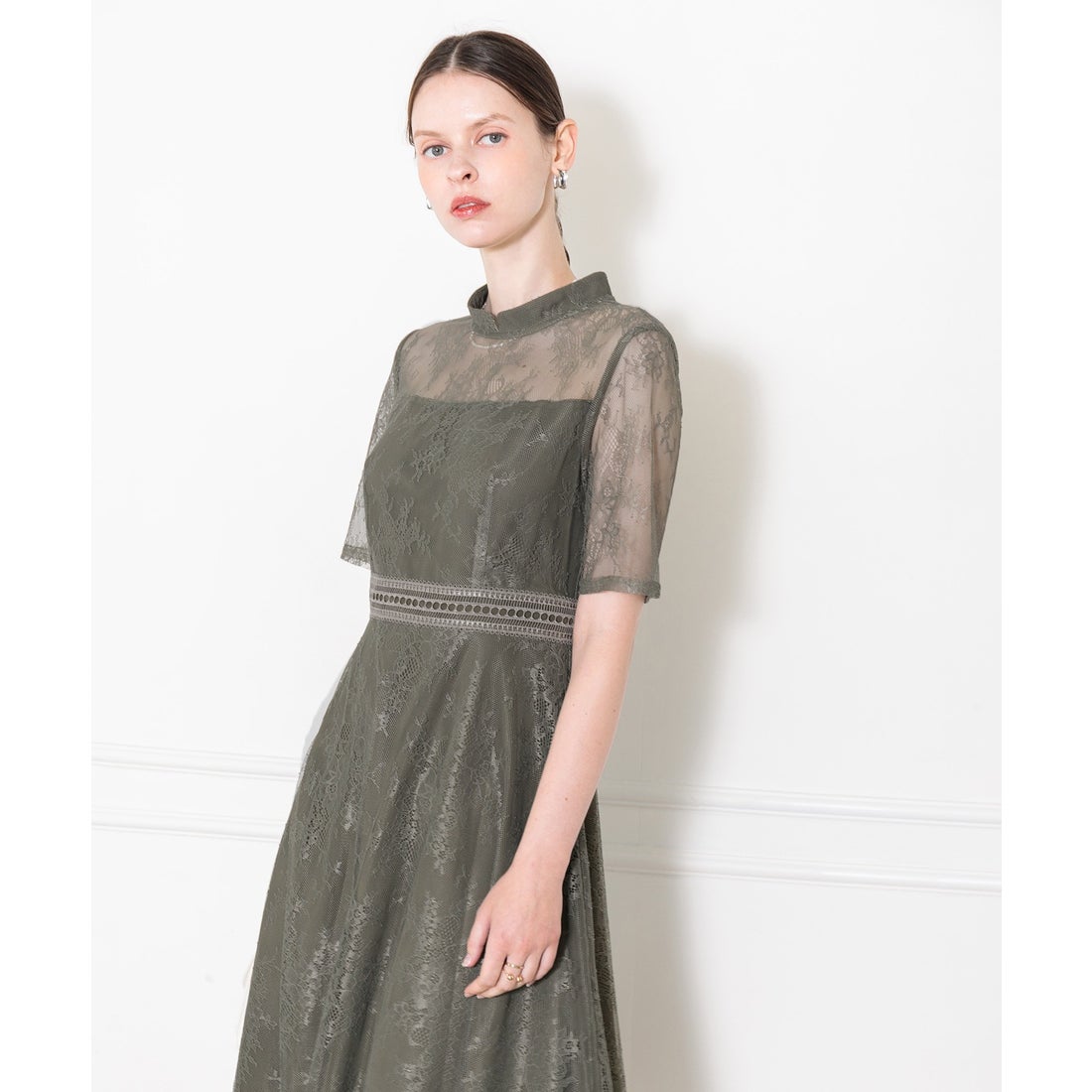 レジャ Leja ハイネック花柄レースウエストマーク透けロングドレス