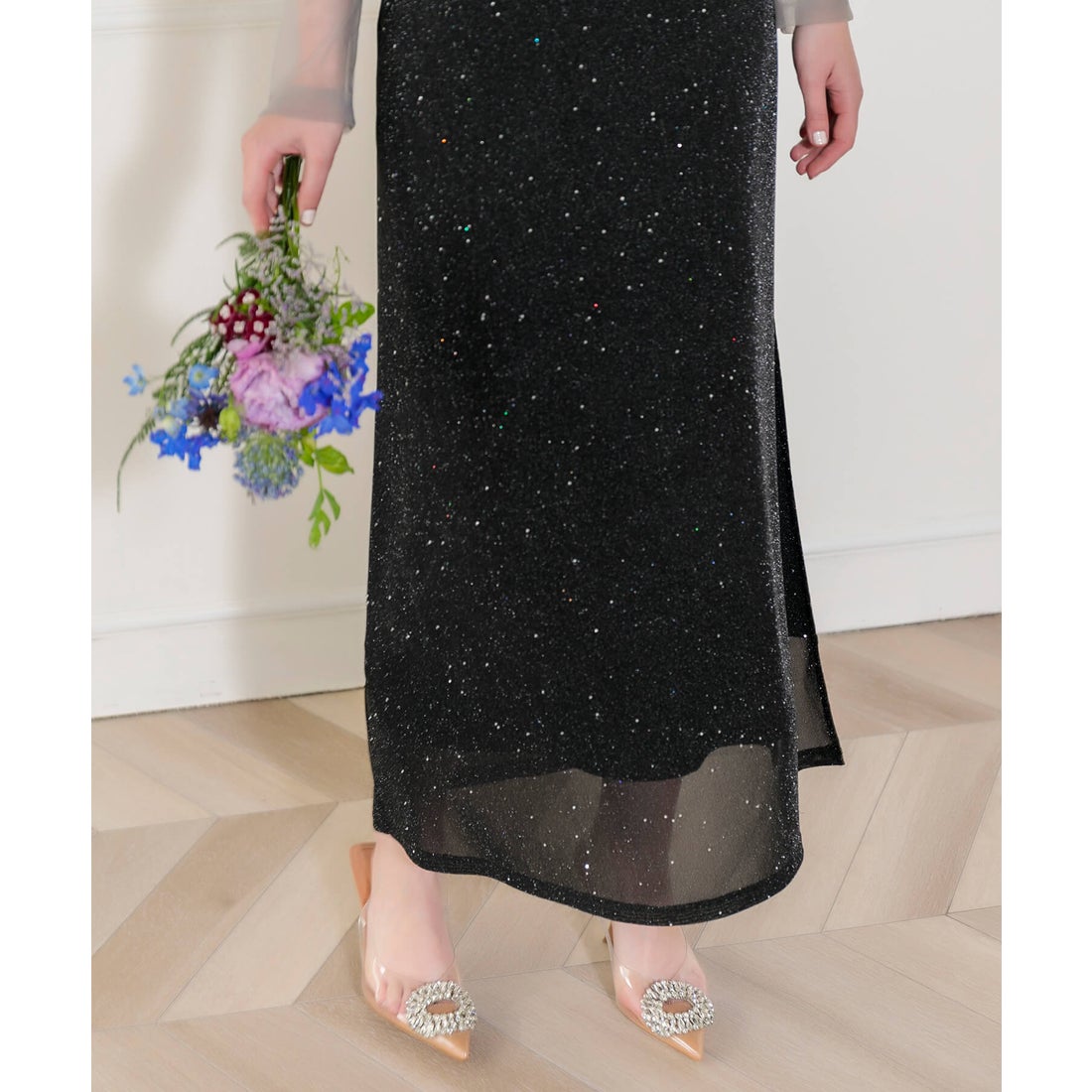 レジャ Leja レースネック透け袖スリットキラキラロングドレス