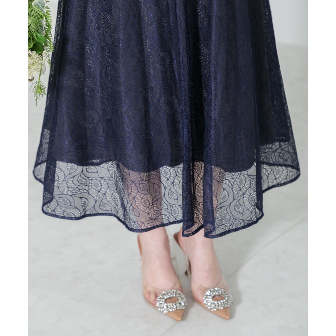 レジャ Leja ウエストマークパフスリーブ総レースロングドレス