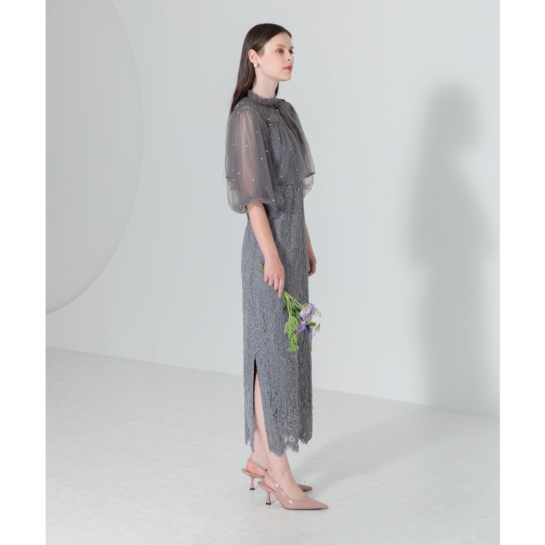 レジャ Leja パール付きケープ風リボンパフスリーブボレロ刺繍レース