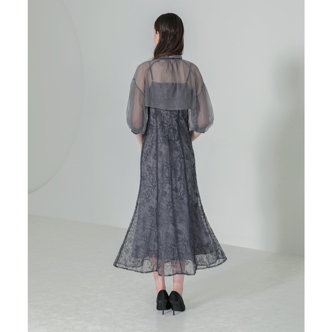 レジャ Leja リボン付きパフスリーブシアーボレロ刺繍レースマーメイド