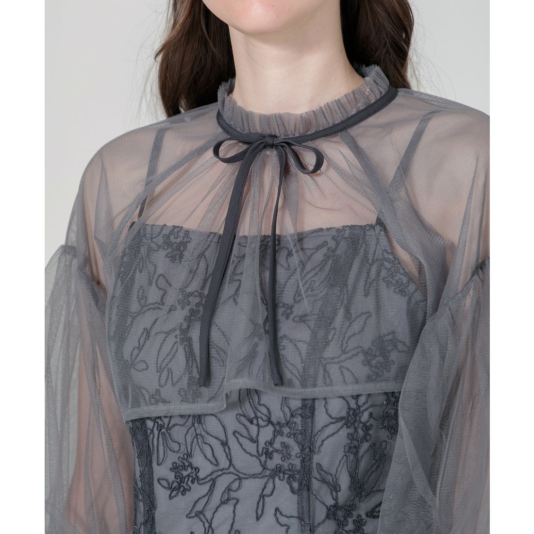 レジャ Leja リボン付きパフスリーブシアーボレロ刺繍レースマーメイド