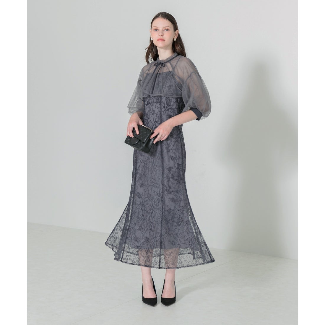 レジャ Leja リボン付きパフスリーブシアーボレロ刺繍レースマーメイド