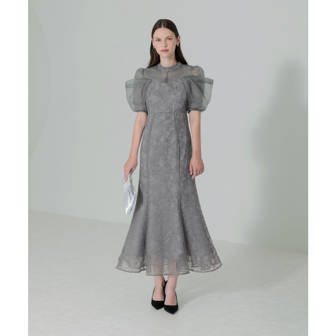 LEJA グレー レース ドレス LEJA オフショルダー パーティードレス