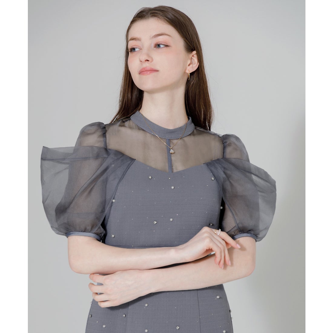 レジャ Leja パールビジューオーガンジーレースパフスリーブプチ