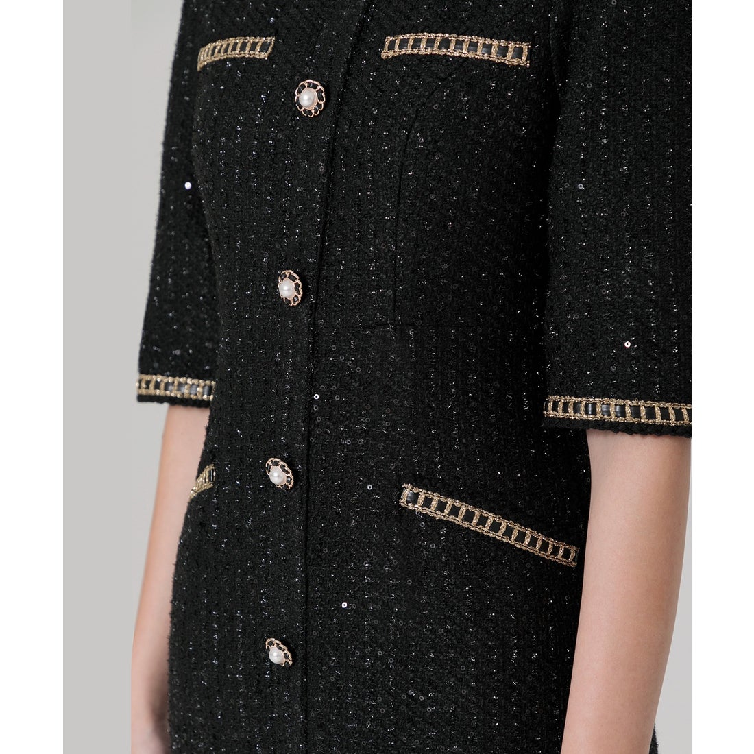 レジャ Leja ラメ混ツイードレザーパイピングパール釦スパンコール