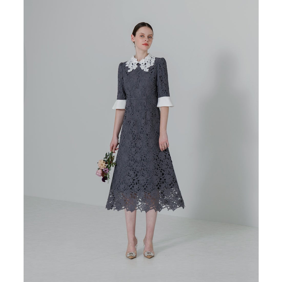 レジャ Leja 花柄レースカラースパンコール刺繍Aラインフレアドレス