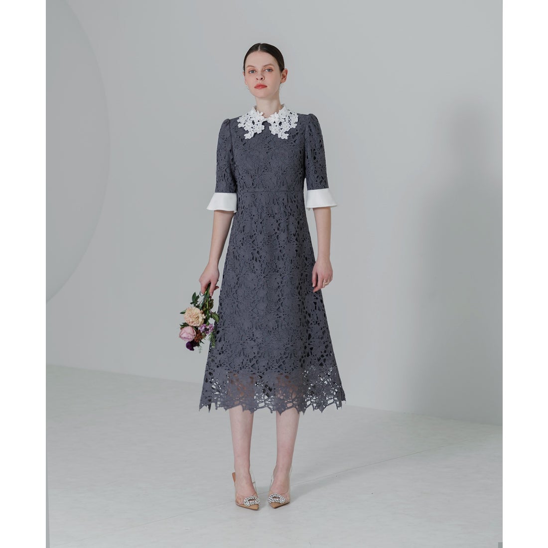 レジャ Leja 花柄レースカラースパンコール刺繍Aラインフレアドレス