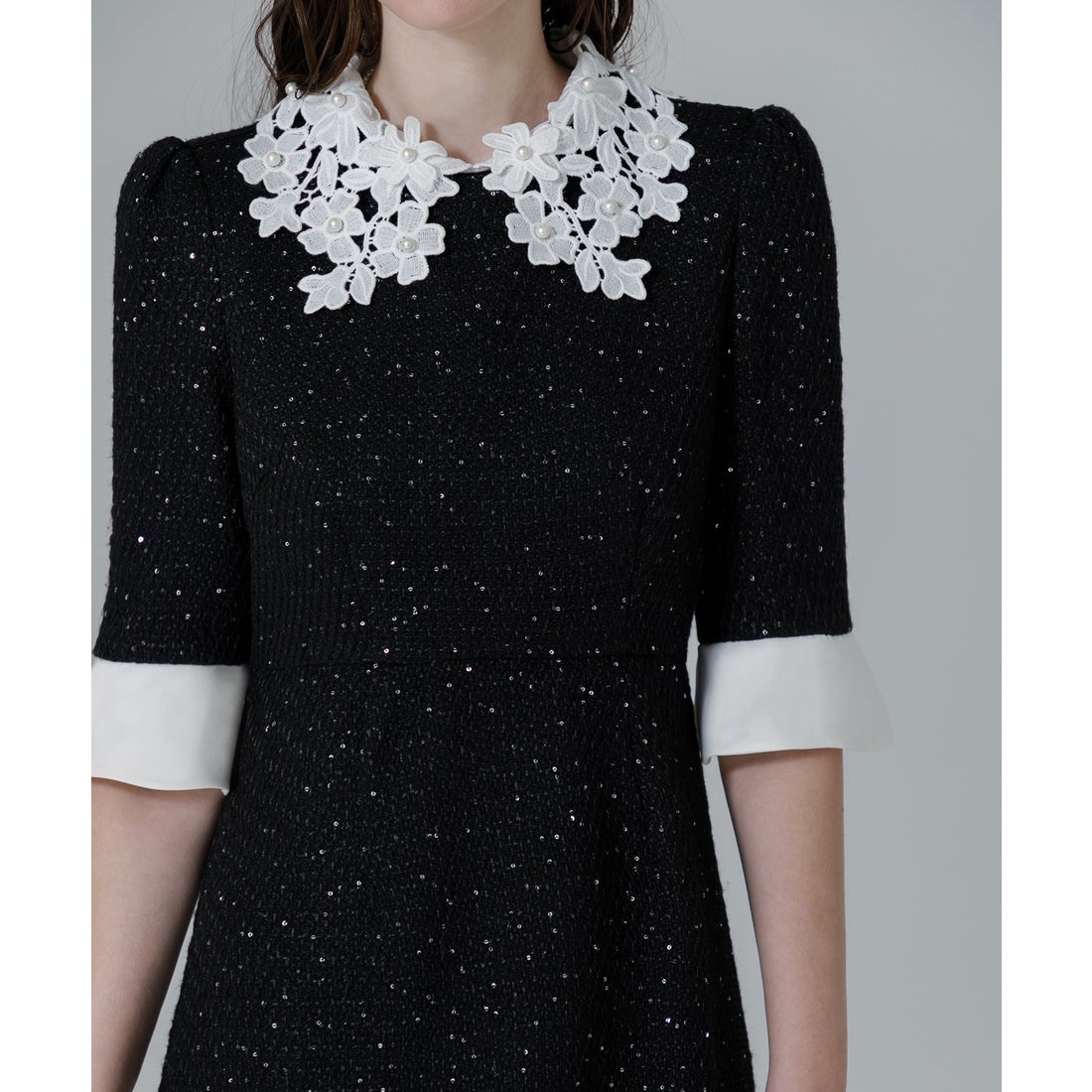 reja ドレス 花柄レースカラースパンコール刺繍Aラインフレアドレス