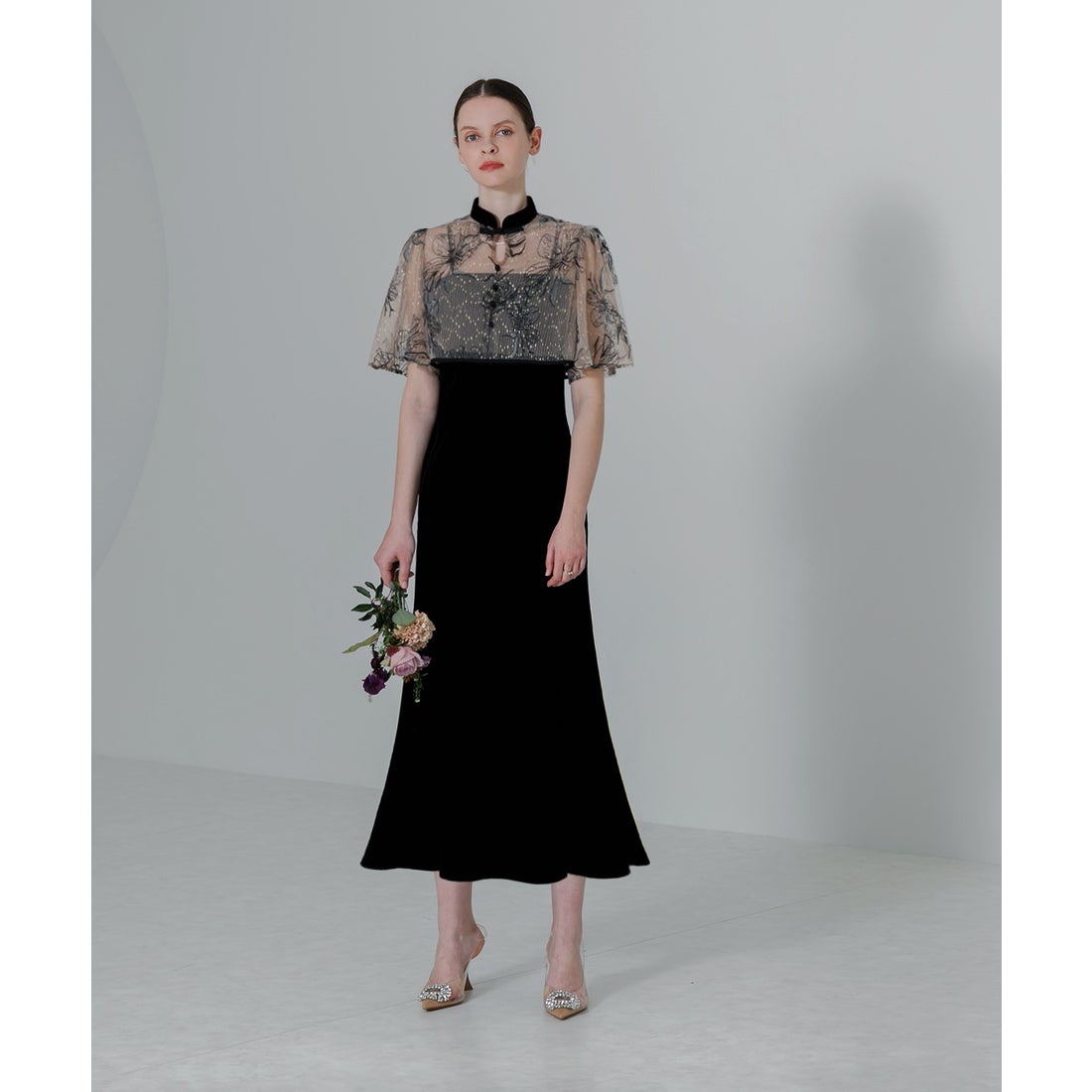 レジャ Leja 配色パイピング花柄刺繍ボレロ付きベロアマーメイドキャミ