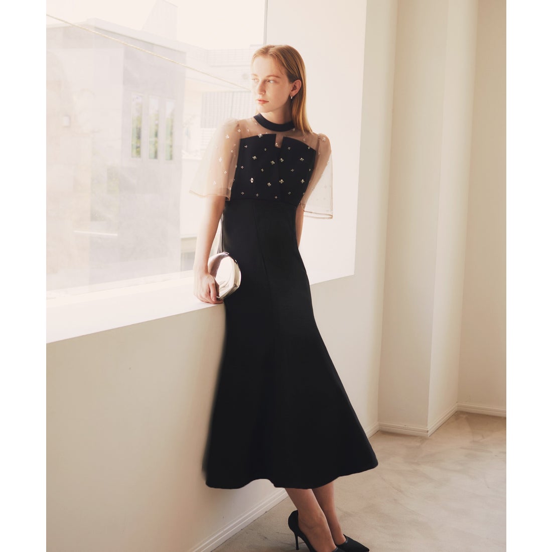 レジャ Leja 花柄ストーンスパンコールチュールオーバーラップ