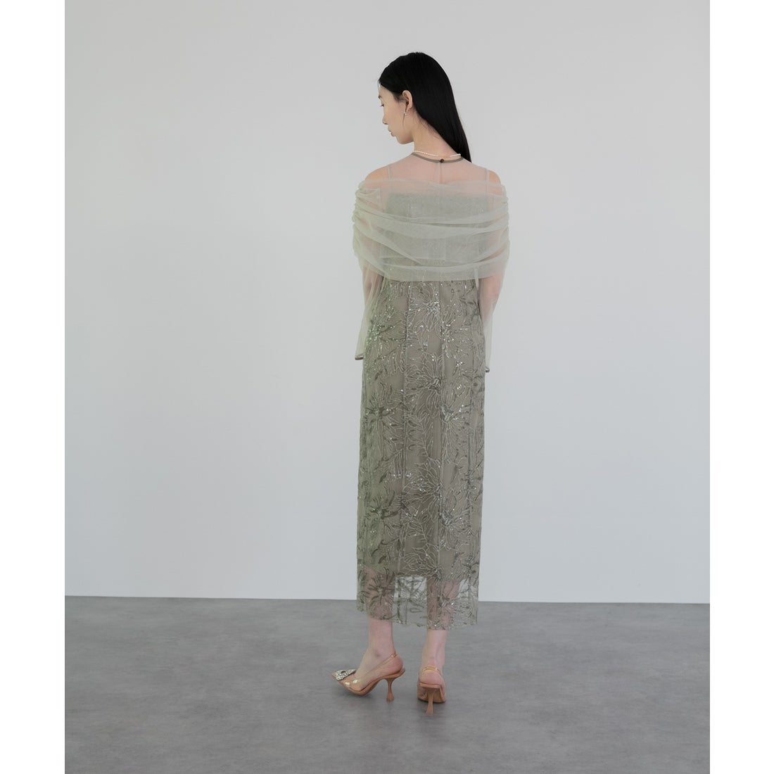 レジャ Leja チュールオフショルダー花柄Iラインドレスワンピース美脚